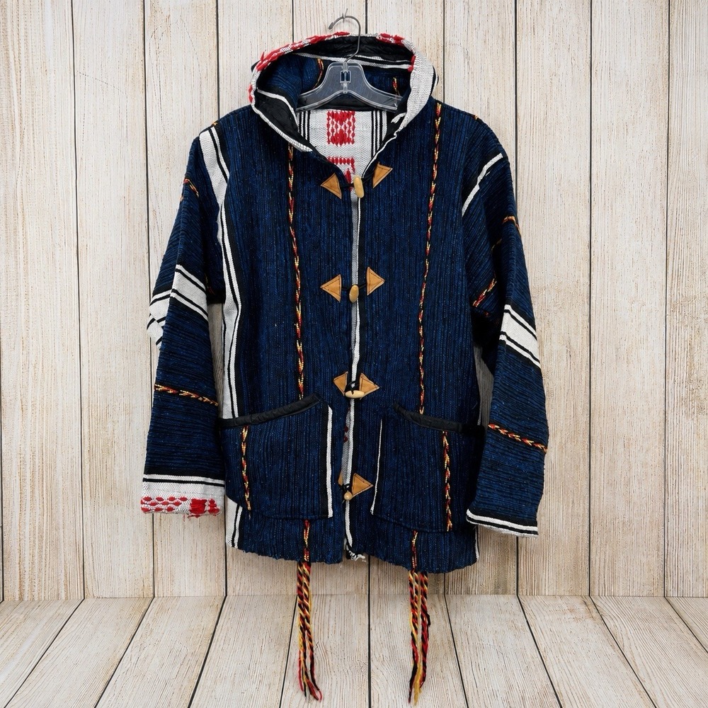 Handmade Unisex Moroccan Jacket Jerga Wool Blend L/XL Blue Hood Fringe Boho